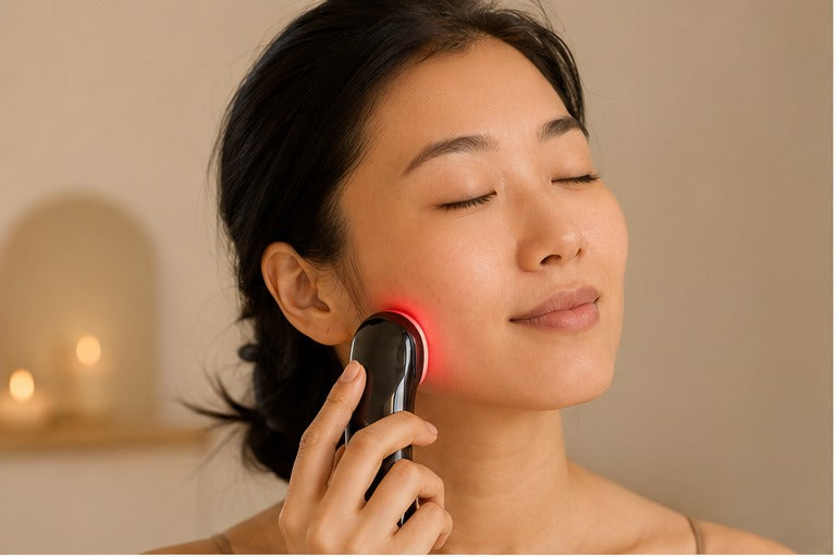 Mujer asiática usando el masajeador facial Velora
