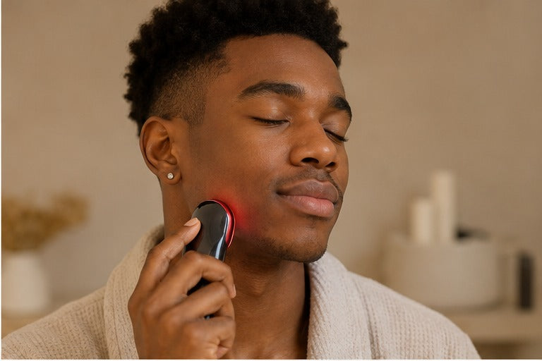 Hombre afrodescendiente usando el masajeador facial Velora