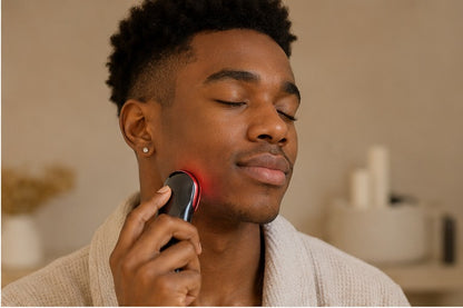 Hombre afrodescendiente usando el masajeador facial Velora