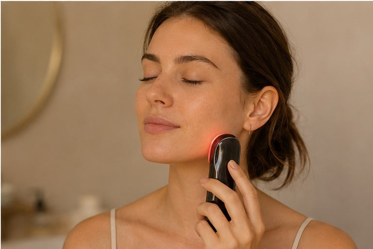 Mujer usando el masajeador facial Velora