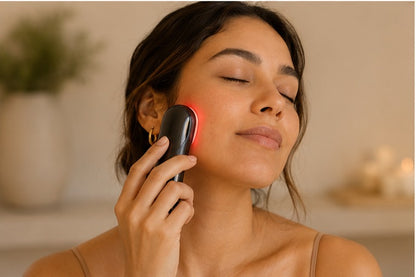 Mujer latina usando el masajeador facial Velora